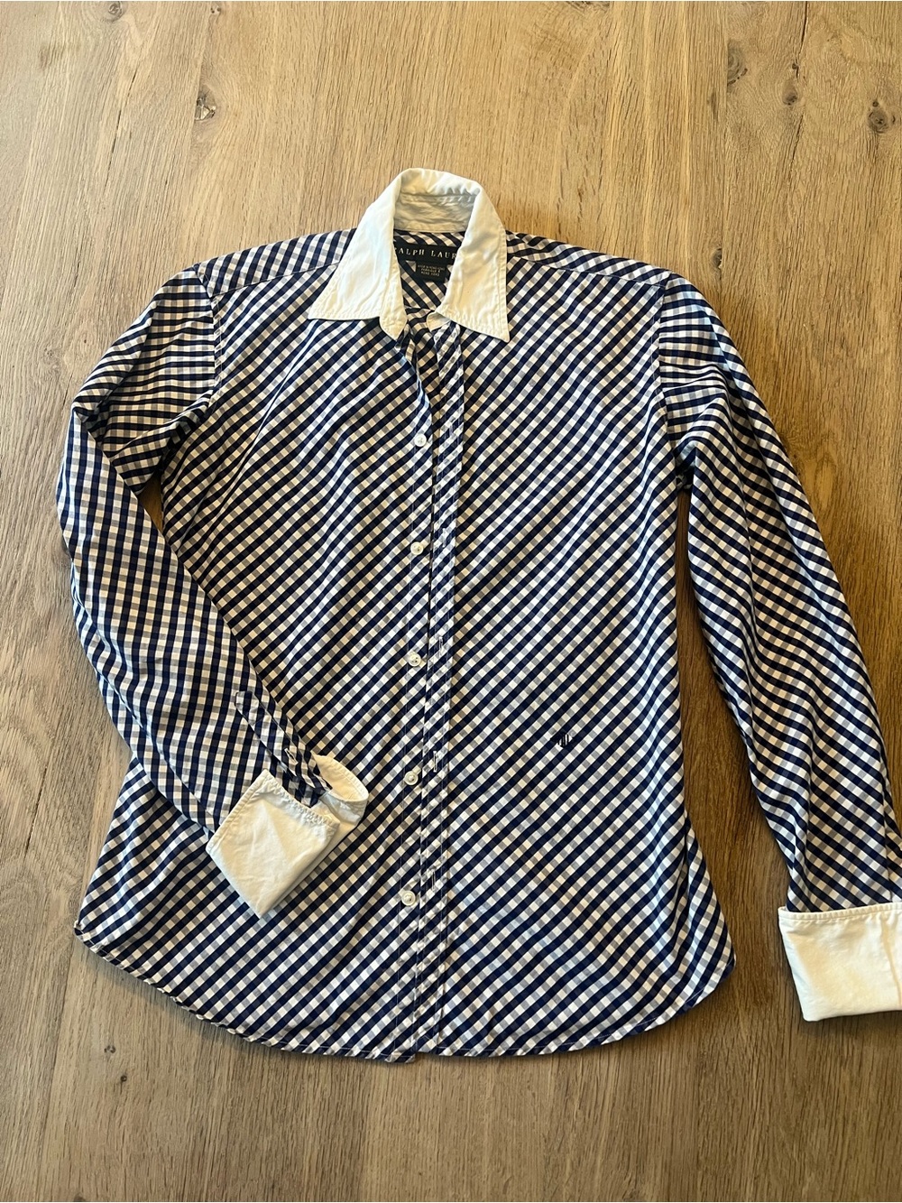 Ralph Lauren Size 2 Blue White Gingham Button Front Shirt Contrast Collar